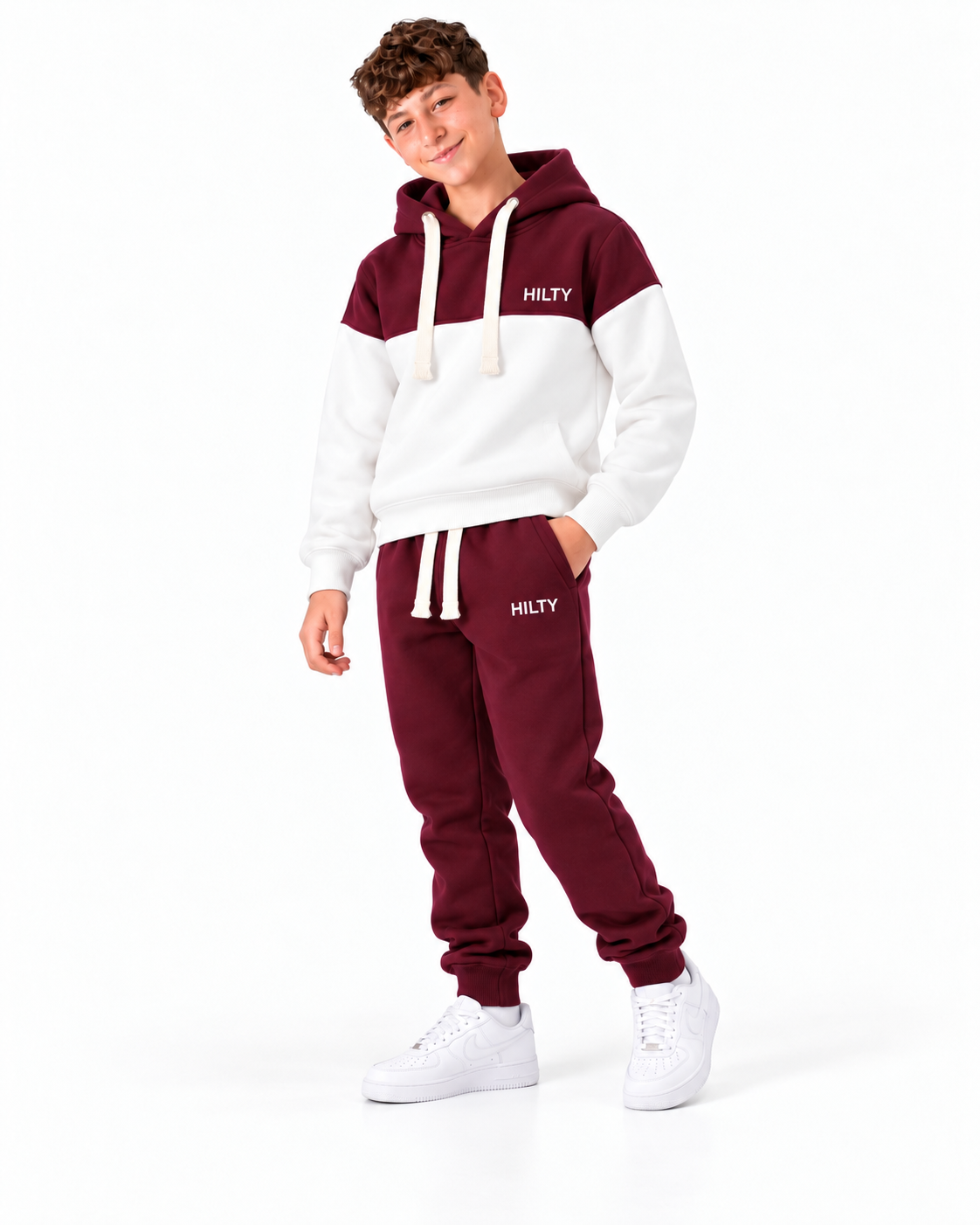 2-Piece Hoodie Set – Burgundy & White – Solas Kids Wear