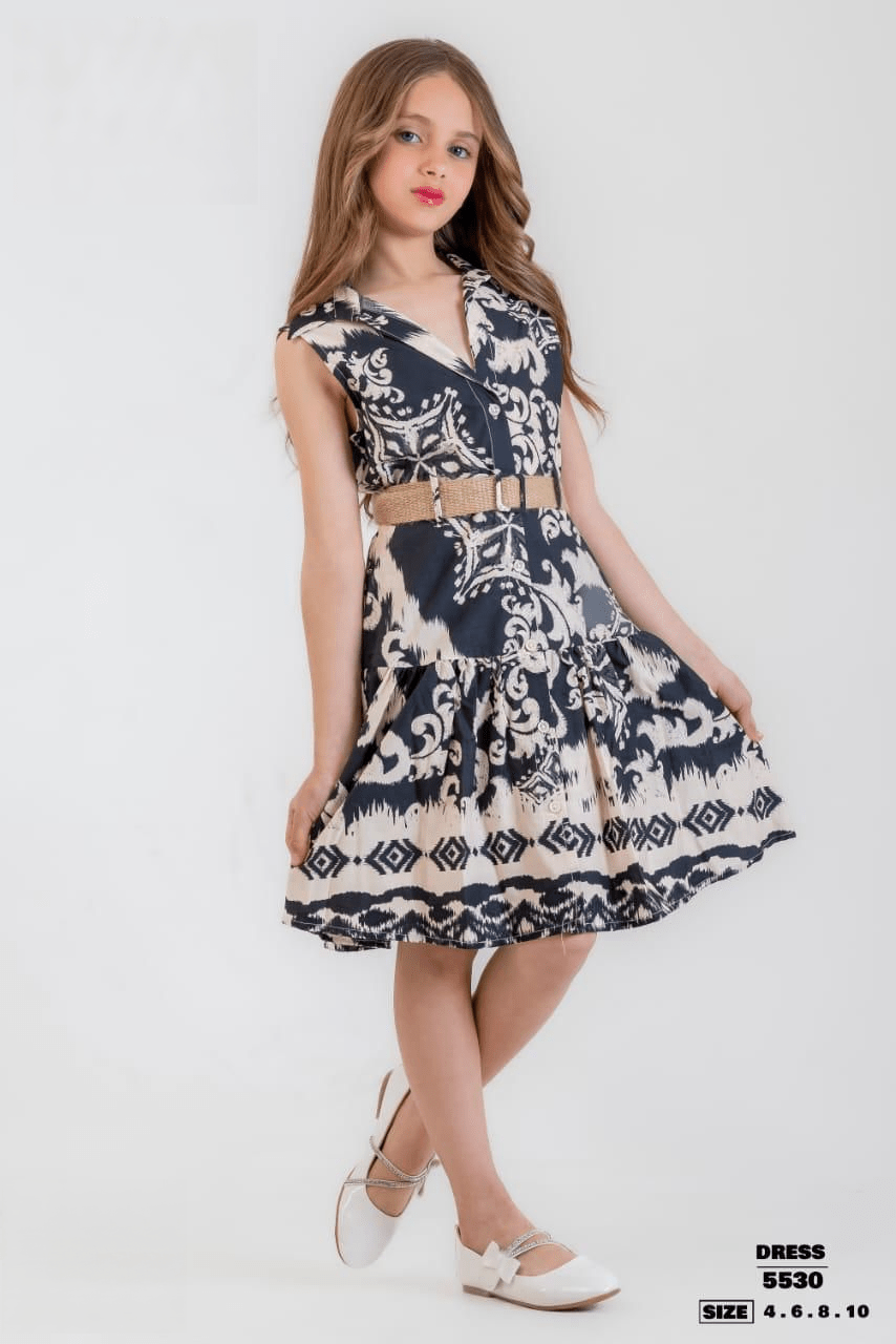 Girls’ Sleeveless Black & Beige Printed Dress with Gold Belt - Bubbles Kids WearAll