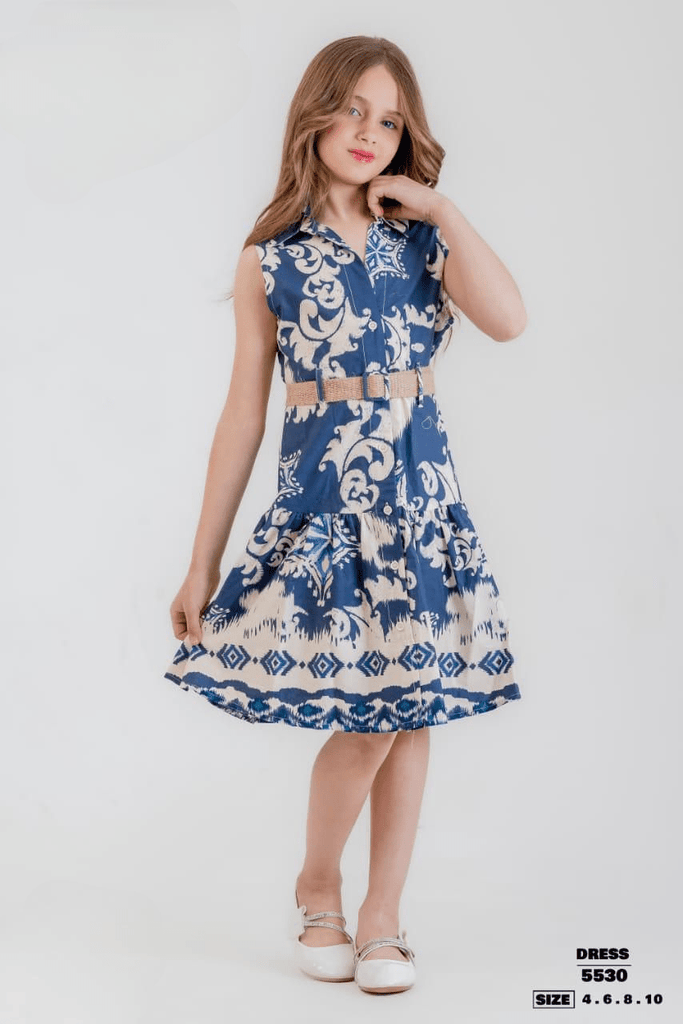 Girls’ Sleeveless blue & Beige Printed Dress with Gold Belt - Bubbles Kids WearAll
