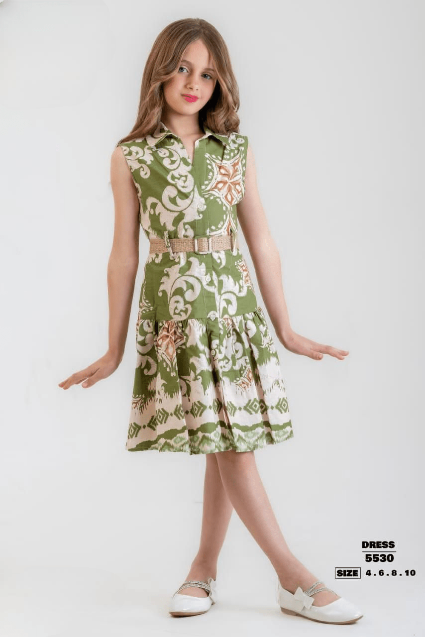 Girls’ Sleeveless green & Beige Printed Dress with Gold Belt - Bubbles Kids WearAll