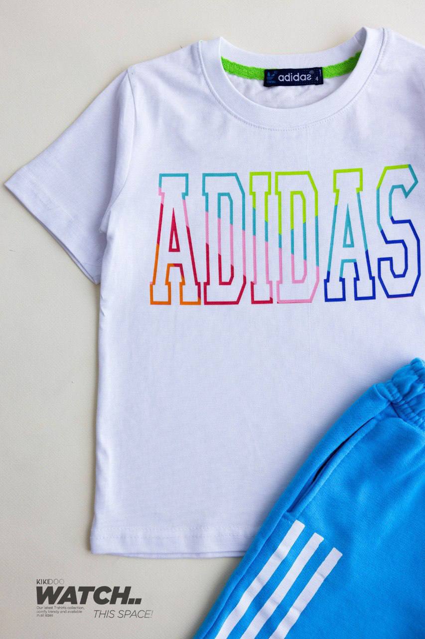 White ADIDAS Rainbow Logo T-Shirt + Light Blue ADIDAS Shorts - Bubbles Kids WearAll