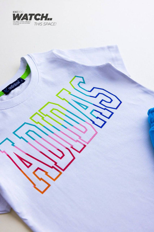 White ADIDAS Rainbow Logo T-Shirt + Light Blue ADIDAS Shorts - Bubbles Kids WearAll