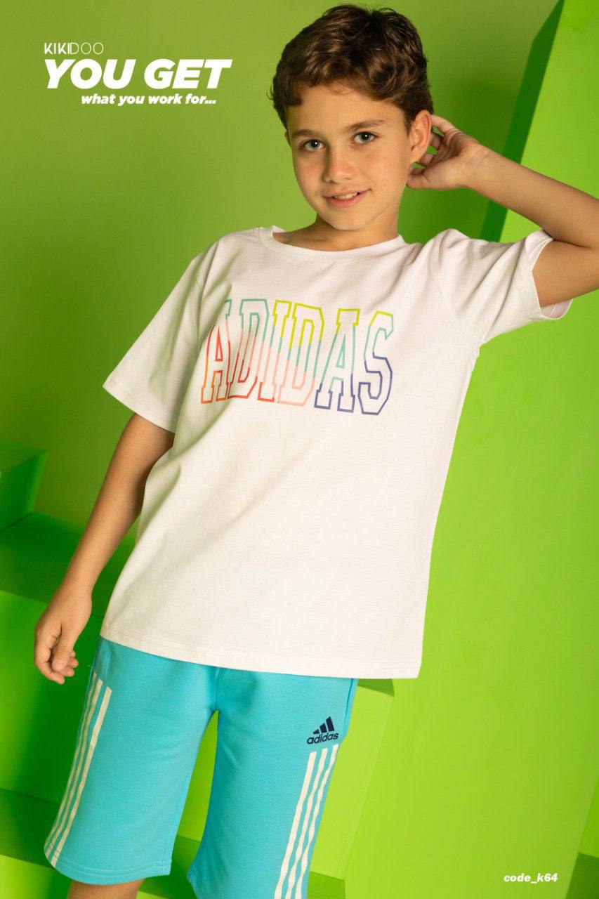 White ADIDAS Rainbow Logo T-Shirt + Light Blue ADIDAS Shorts - Bubbles Kids WearAll Main image