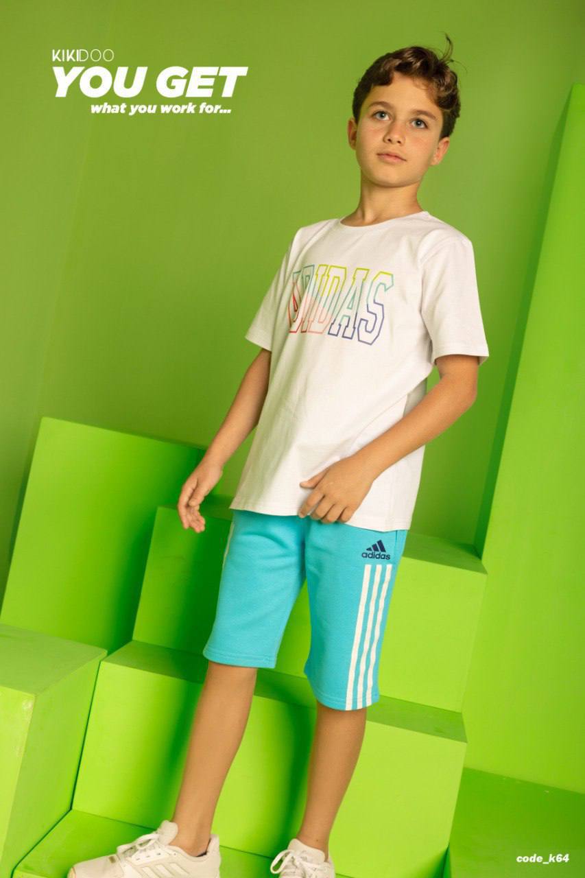 White ADIDAS Rainbow Logo T-Shirt + Light Blue ADIDAS Shorts - Bubbles Kids WearAll