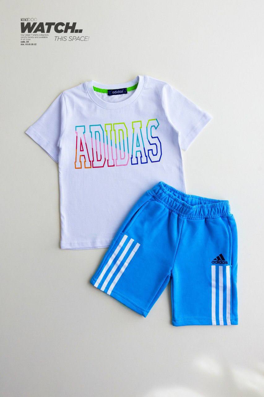 White ADIDAS Rainbow Logo T-Shirt + Light Blue ADIDAS Shorts - Bubbles Kids WearAll